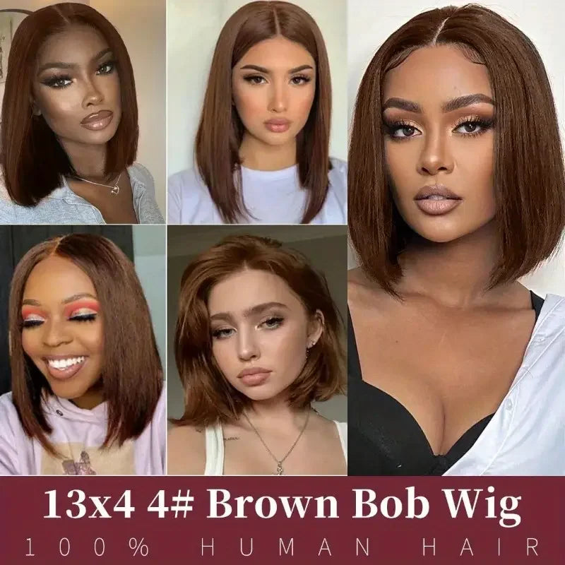 200 densityBrazilian Human Hair  Chocolate Brown Short Bob Bone Straight 13x4 HD Transparent Lace Front Human Hair Wig For Women