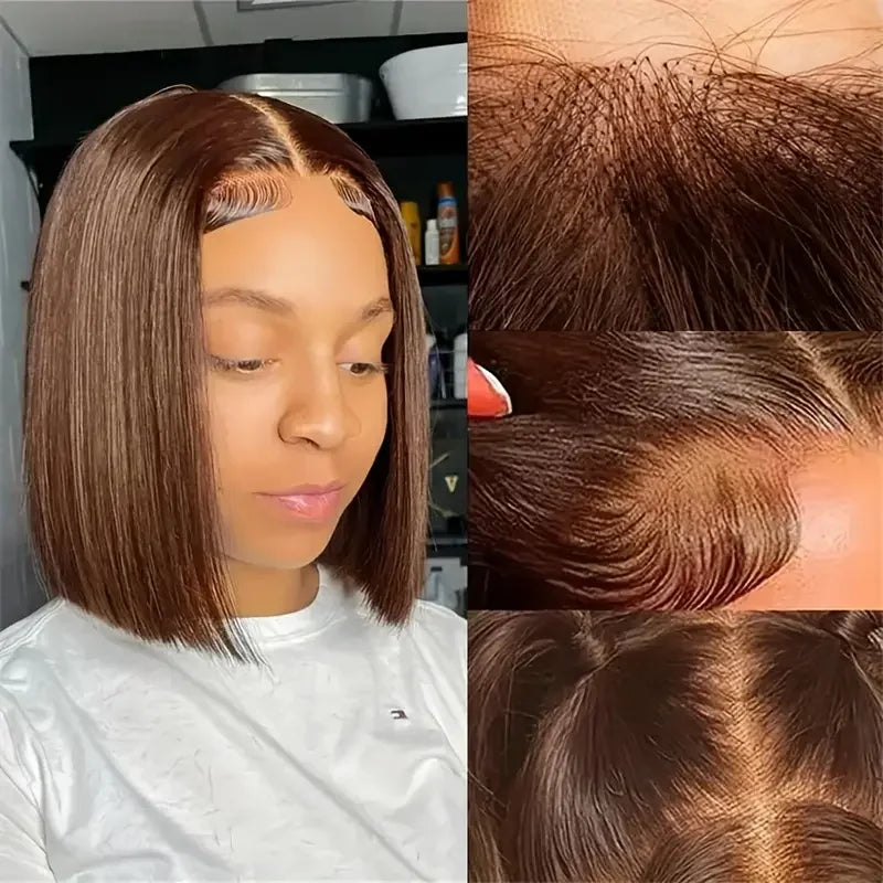 200 densityBrazilian Human Hair  Chocolate Brown Short Bob Bone Straight 13x4 HD Transparent Lace Front Human Hair Wig For Women