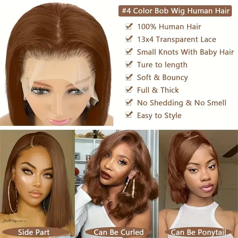 200 densityBrazilian Human Hair  Chocolate Brown Short Bob Bone Straight 13x4 HD Transparent Lace Front Human Hair Wig For Women