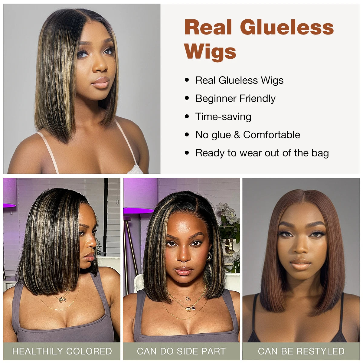 Glueless Bob Wigs Human Hair Pre Plucked Pre Cut P1b/27 5x5 HD Lace Closure Blonde Highlight Ombre Lace Front Human Hair Wigs