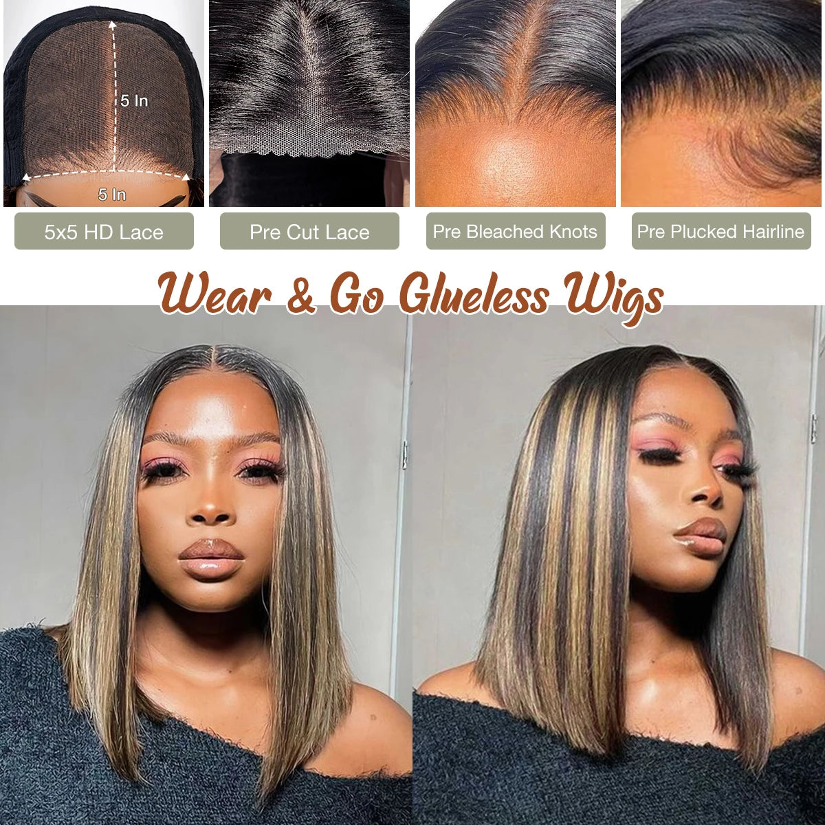 Glueless Bob Wigs Human Hair Pre Plucked Pre Cut P1b/27 5x5 HD Lace Closure Blonde Highlight Ombre Lace Front Human Hair Wigs