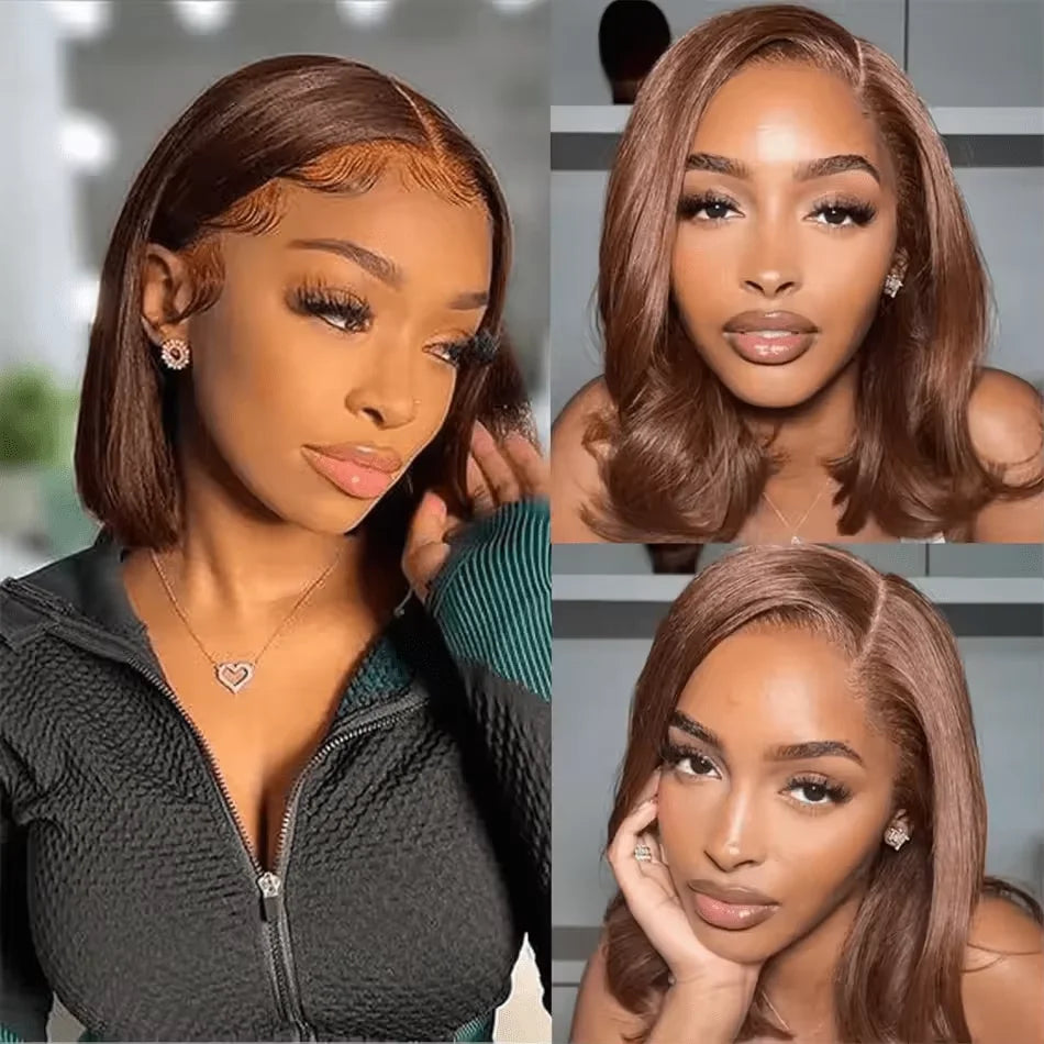 220% Chocolate Brown Short Bob Bone Straight 13x4 HD Transparent Lace Front Human Hair Wig Brazilian Lace Frontal Wigs For Women