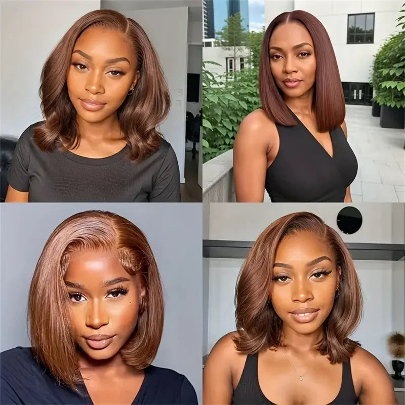 200 densityBrazilian Human Hair  Chocolate Brown Short Bob Bone Straight 13x4 HD Transparent Lace Front Human Hair Wig For Women