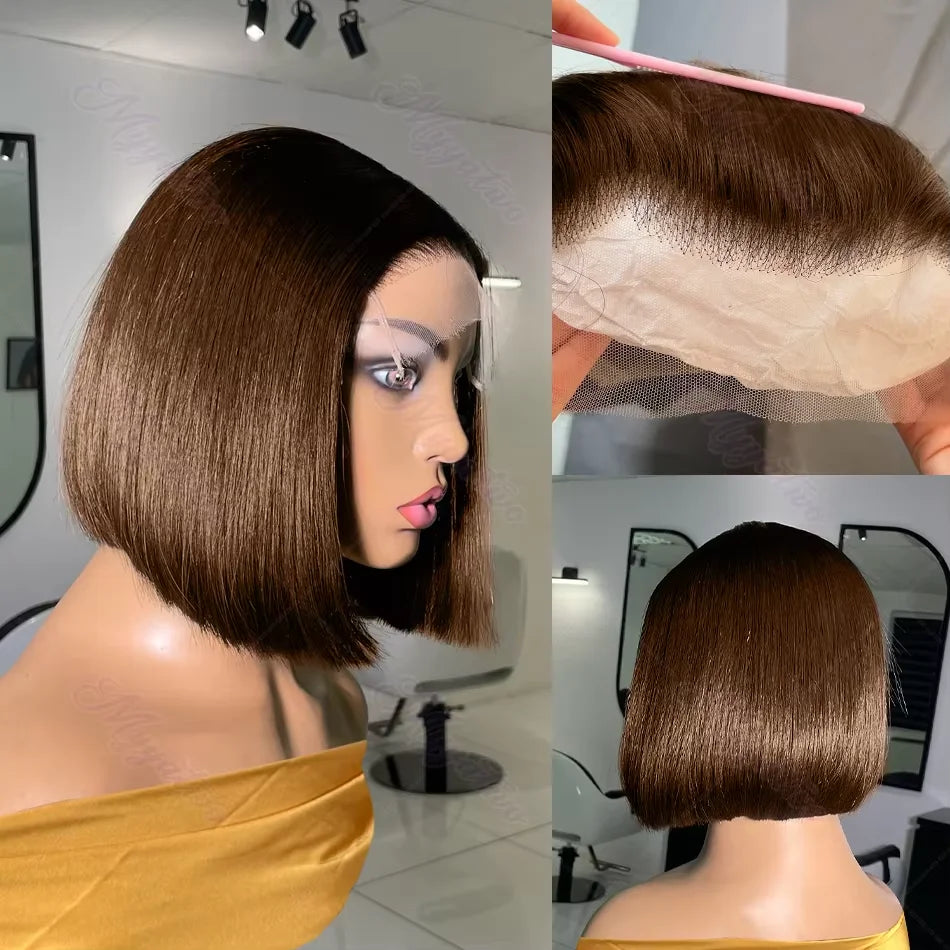 220% Chocolate Brown Short Bob Bone Straight 13x4 HD Transparent Lace Front Human Hair Wig Brazilian Lace Frontal Wigs For Women