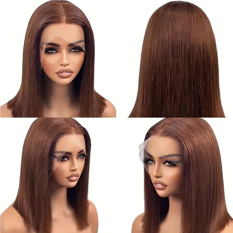200 densityBrazilian Human Hair  Chocolate Brown Short Bob Bone Straight 13x4 HD Transparent Lace Front Human Hair Wig For Women